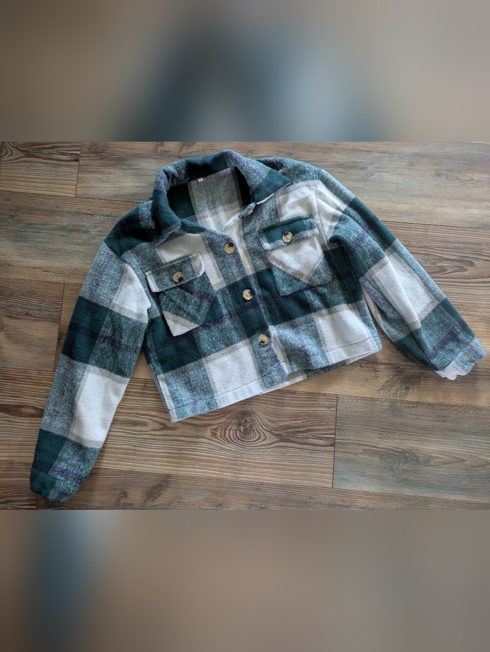 Green White Plaid Soft Cropped Button Down Long Sleeve Shacket With Pockets SML